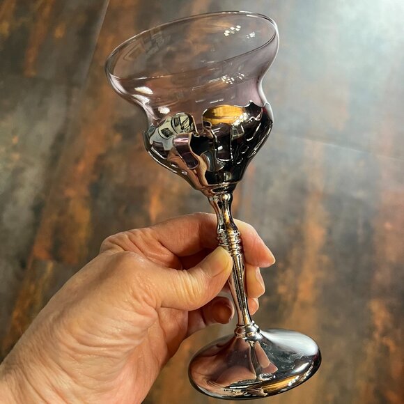 Vtg Set of 6 Wine Glasses/Goblets w/Colored Glass & Silver-Plated Stem & Base - Picture 9 of 11